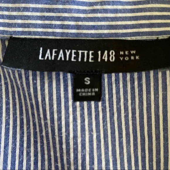 Lafayette 148 NAVY BLUE White Striped Ticking Button Down Timeless Blouse 4536 - Picture 4 of 5